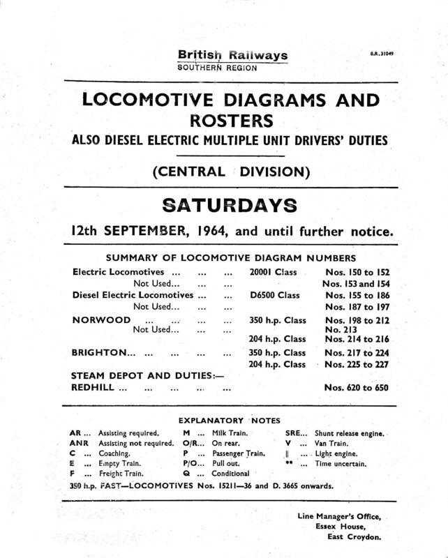 Southern Engine Workings, Central Division, Saturdays starting 12 September 1964. 73 pages. [EW02196409121]