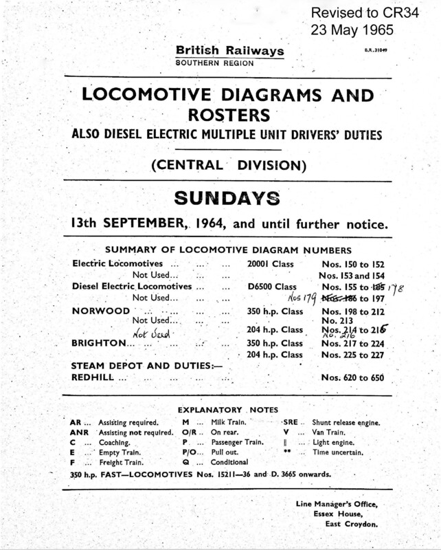 Southern Engine Workings, Central Division, Sundays starting 13 September 1964. 50 pages. Notes: Revised to CR34. [EW02196409130]