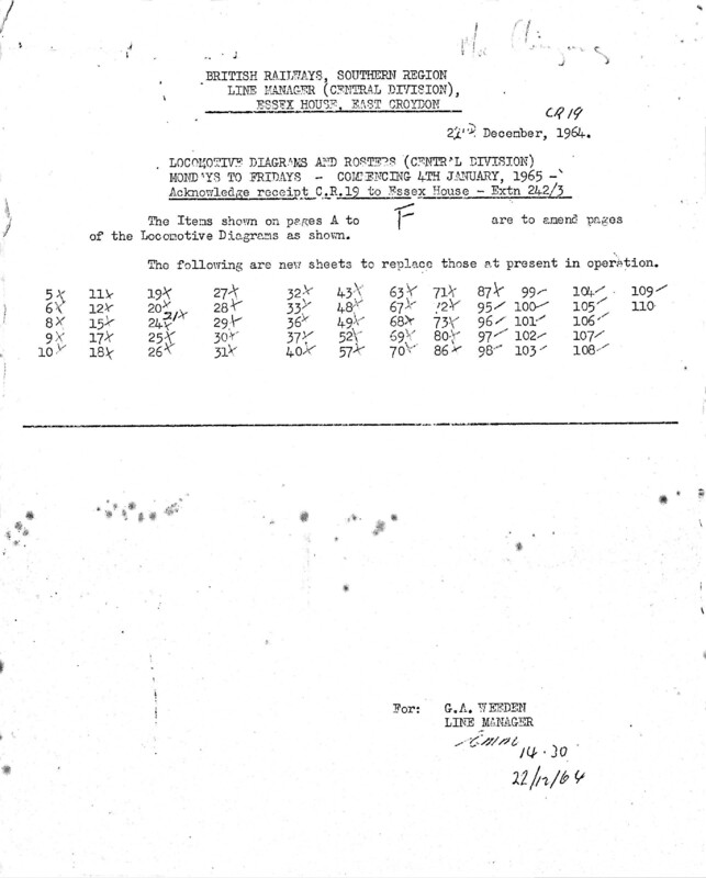 Southern Engine Workings, Central Division, Mondays to Fridays starting 04 January 1965. 48 pages. Notes: CR19 Revisions. [EW02196501040]