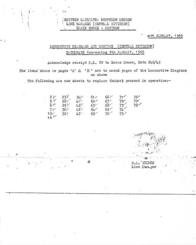Southern Engine Workings, Central Division, Saturdays starting 09 January 1965. 19 pages. Notes: CR20 Revisions. [EW02196501090]