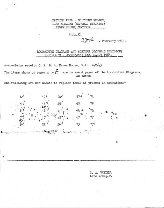 Southern Engine Workings, Central Division, Saturdays starting 06 March 1965. 21 pages. Notes: CR26 Revisions. [EW02196503060]