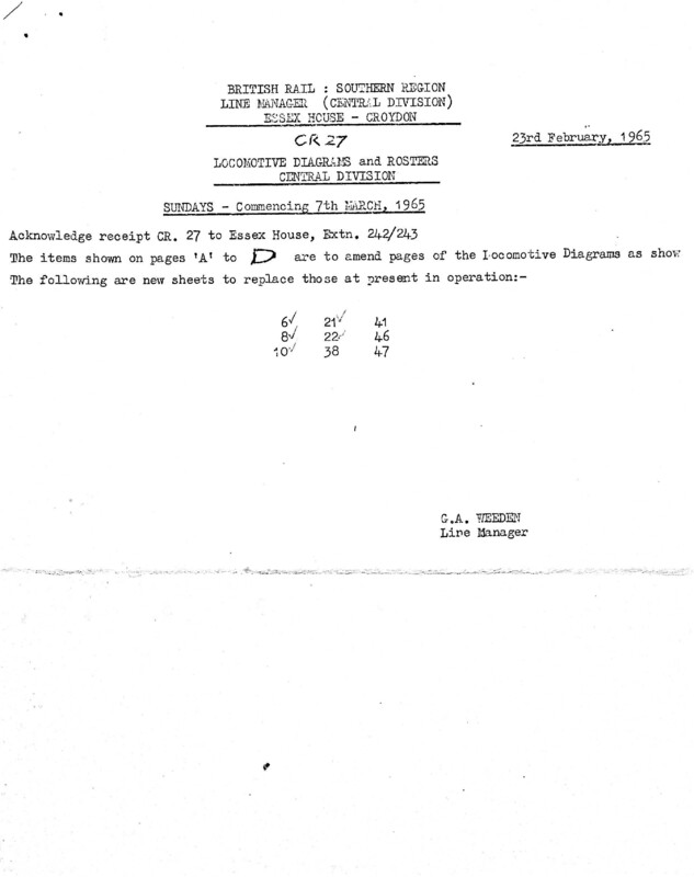 Southern Engine Workings, Central Division, Sundays starting 07 March 1965. 6 pages. Notes: CR27 Revisions. [EW02196503070]