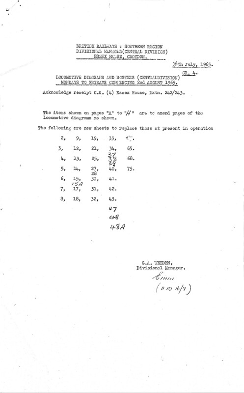 Southern Engine Workings, Central Division, Mondays to Fridays starting 02 August 1965. 7 pages. Notes: CR4 Revisions. [EW02196508020]