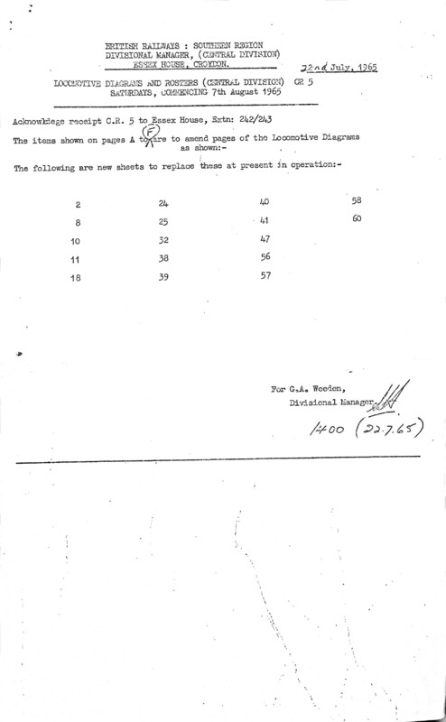 Southern Engine Workings, Central Division, Saturdays starting 07 August 1965. 5 pages. Notes: CR5 Revisions. [EW02196508070]