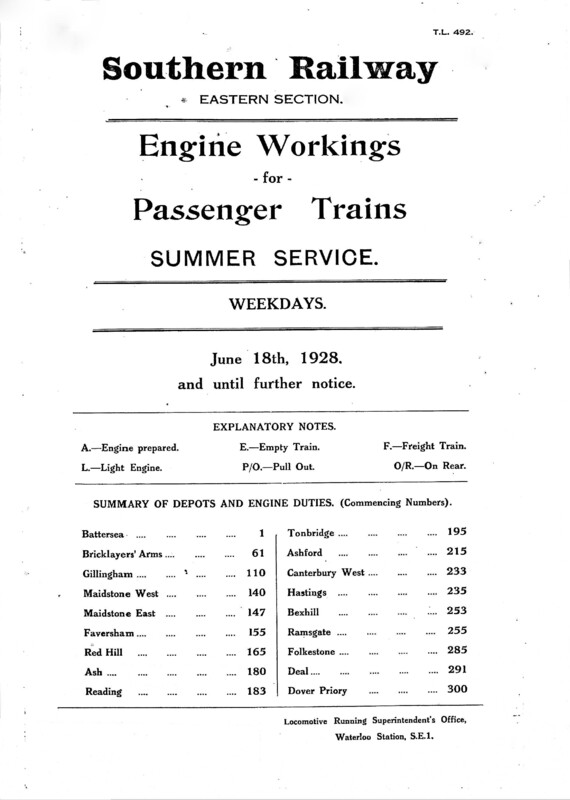 Southern Engine Workings, Eastern Division, Weekdays starting 18 June 1928. 141 pages. Notes: Passenger. [EW03192806180]