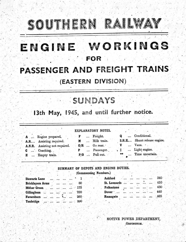 Southern Engine Workings, Eastern Division, Sundays starting 13 May 1945. 61 pages. Notes: With ER1 Revisions. [EW03194505131]