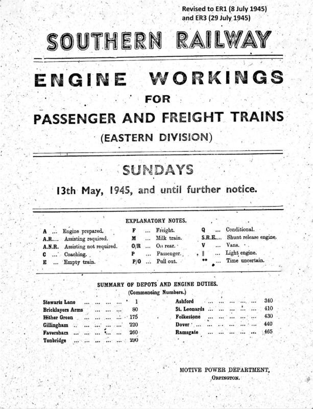 Southern Engine Workings, Eastern Division, Sundays starting 13 May 1945. 50 pages. Notes: Revised to ER3. [EW03194505133]