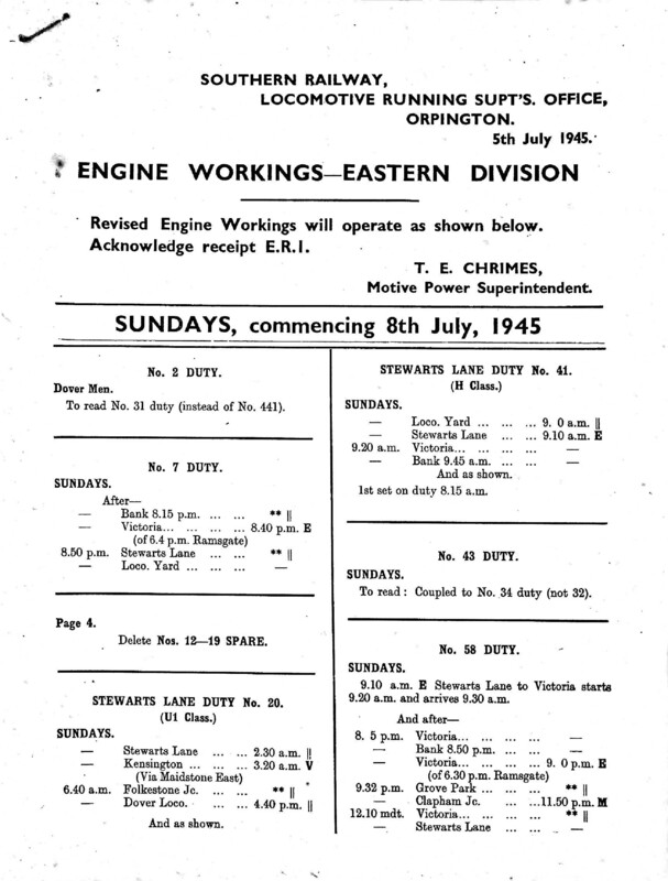 Southern Engine Workings, Eastern Division, Sundays starting 08 July 1945. 18 pages. Notes: With ER1 Revisions. [EW03194507080]