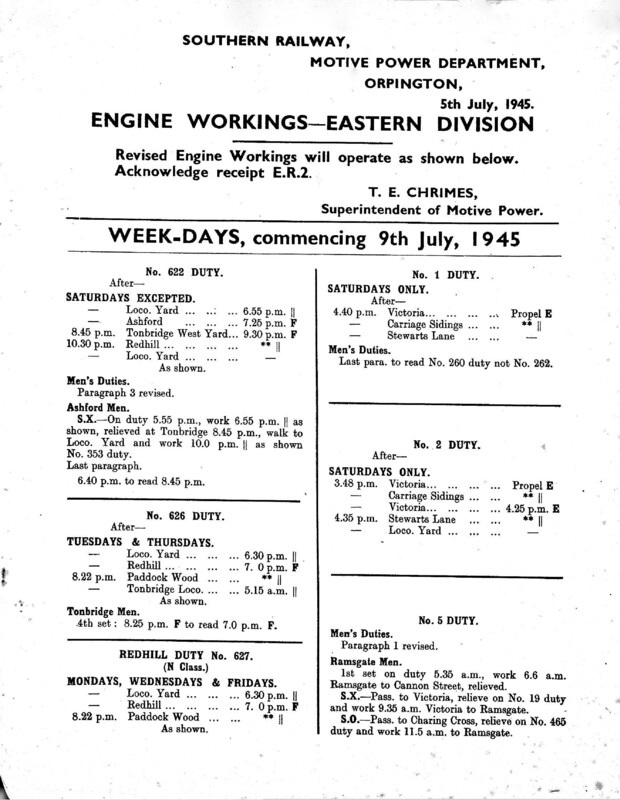 Southern Engine Workings, Eastern Division, Weekdays starting 09 July 1945. 91 pages. Notes: With ER2 Revisions. [EW03194507090]