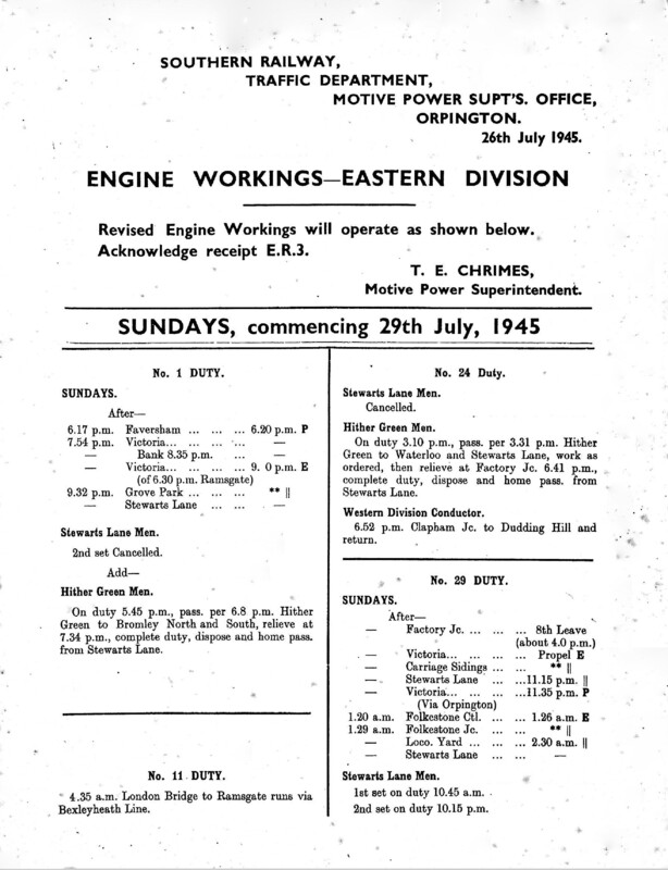 Southern Engine Workings, Eastern Division, Sundays starting 29 July 1945. 21 pages. Notes: With ER3 Revisions. [EW03194507290]