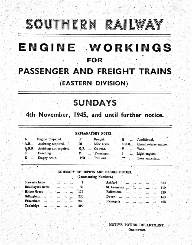 Southern Engine Workings, Eastern Division, Sundays starting 04 November 1945. 47 pages. [EW03194511040]