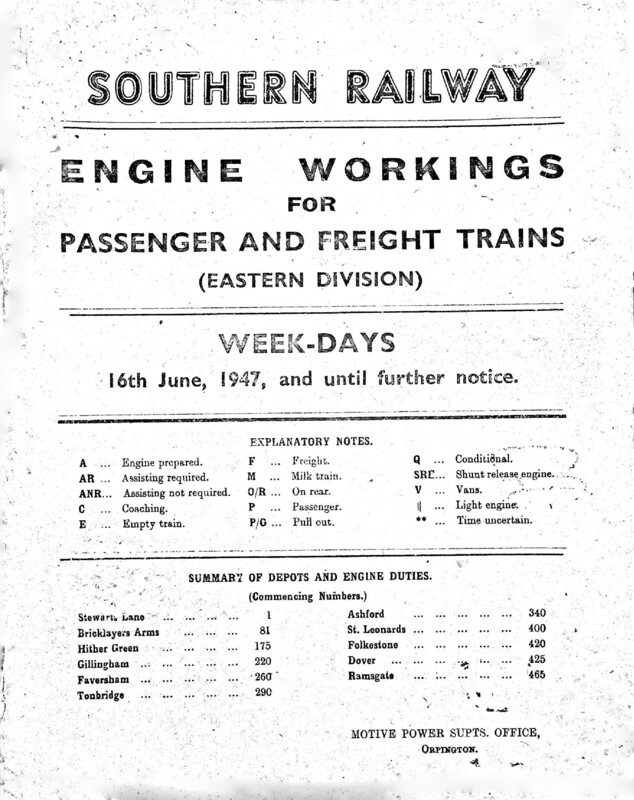 Southern Engine Workings, Eastern Division, Weekdays starting 16 June 1947. 226 pages. Notes: Revised to ER3. [EW03194706160]