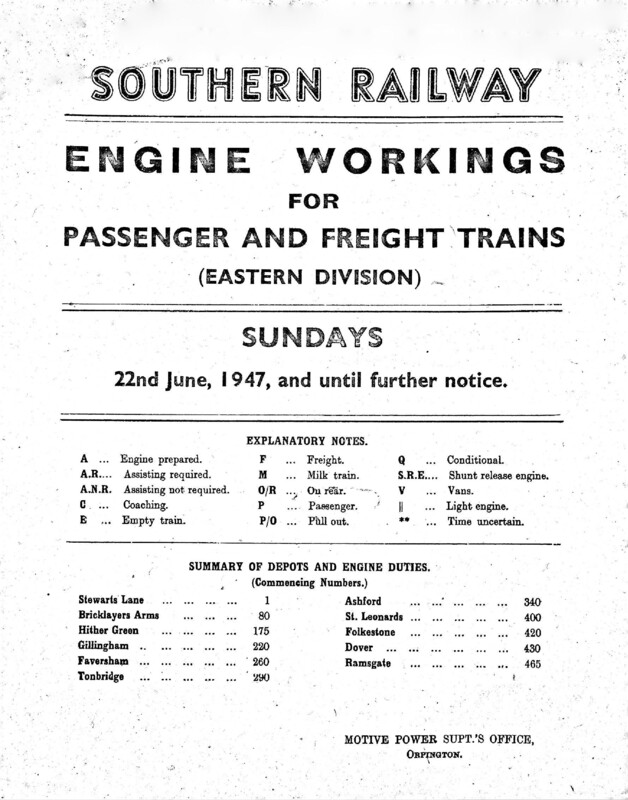 Southern Engine Workings, Eastern Division, Sundays starting 22 June 1947. 52 pages. Notes: Revised to ER2. [EW03194706220]