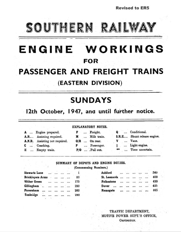 Southern Engine Workings, Eastern Division, Sundays starting 12 October 1947. 52 pages. Notes: Revised to ER5. [EW03194710120]