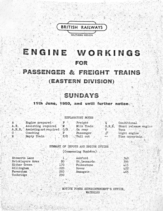 Southern Engine Workings, Eastern Division, Sundays starting 11 June 1950. 69 pages. [EW03195006110]
