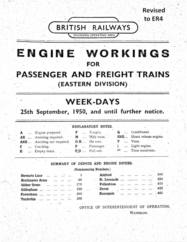 Southern Engine Workings, Eastern Division, Weekdays starting 25 September 1950. 246 pages. Notes: Revised to ER4. [EW03195009250]