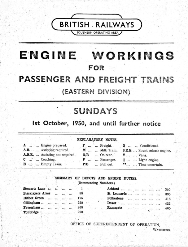 Southern Engine Workings, Eastern Division, Sundays starting 01 October 1950. 45 pages. [EW03195010010]