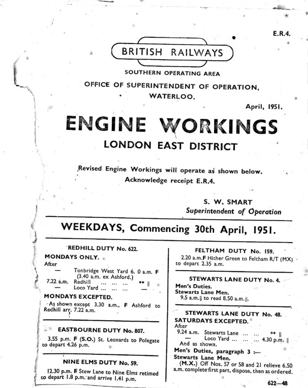 Southern Engine Workings, Eastern Division, Weekdays starting 30 April 1951. 77 pages. Notes: ER4 Revisions. [EW03195104300]
