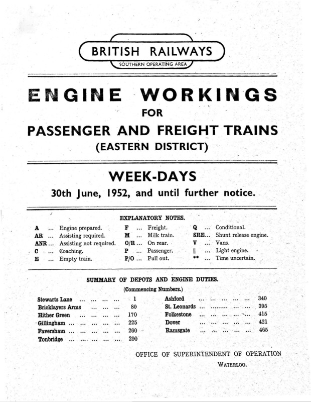 Southern Engine Workings, Eastern Division, Weekdays starting 30 June 1952. 257 pages. [EW03195206300]