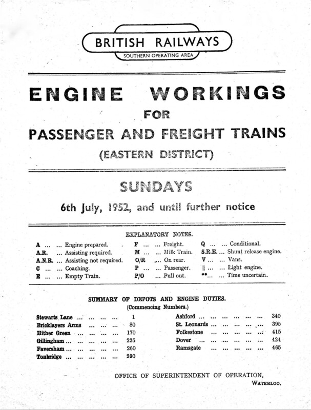 Southern Engine Workings, Eastern Division, Sundays starting 06 July 1952. 59 pages. [EW03195207060]