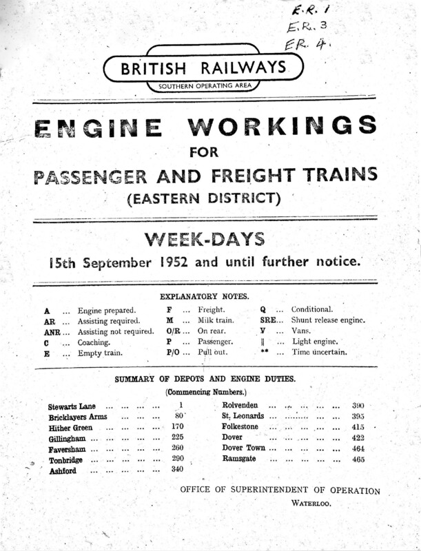 Southern Engine Workings, Eastern Division, Weekdays starting 15 September 1952. 260 pages. Notes: Revised to ER4. [EW03195209150]