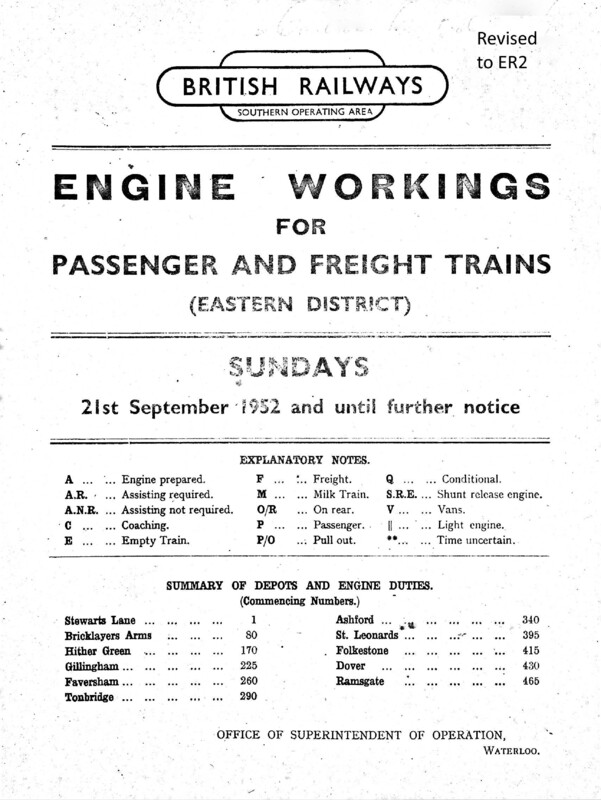 Southern Engine Workings, Eastern Division, Sundays starting 21 September 1952. 50 pages. Notes: Revised to ER2. [EW03195209210]