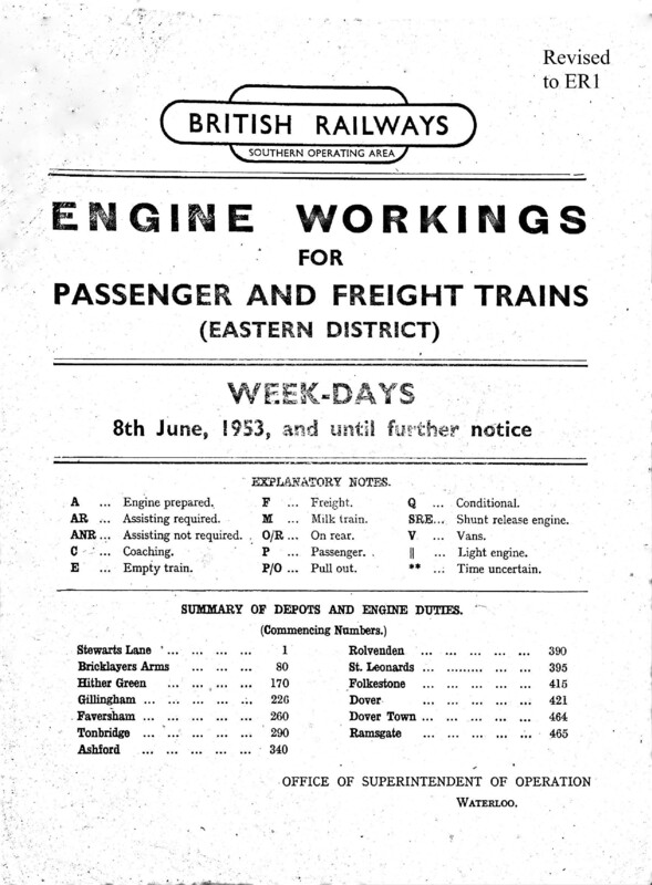 Southern Engine Workings, Eastern Division, Weekdays starting 08 June 1953. 283 pages. Notes: Revised to ER1. [EW03195306080]