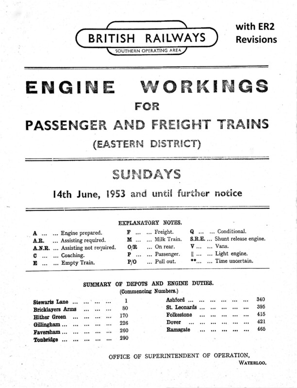 Southern Engine Workings, Eastern Division, Sundays starting 14 June 1953. 61 pages. Notes: Revised to ER2. [EW03195306140]