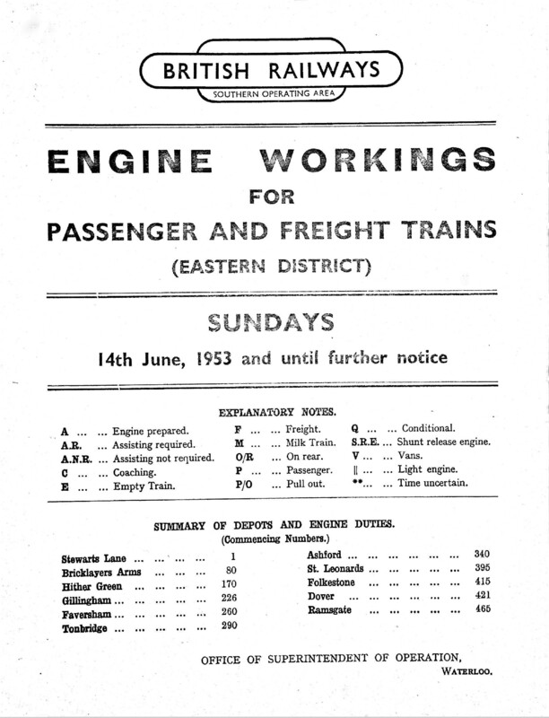 Southern Engine Workings, Eastern Division, Sundays starting 14 June 1953. 61 pages. [EW03195306141]