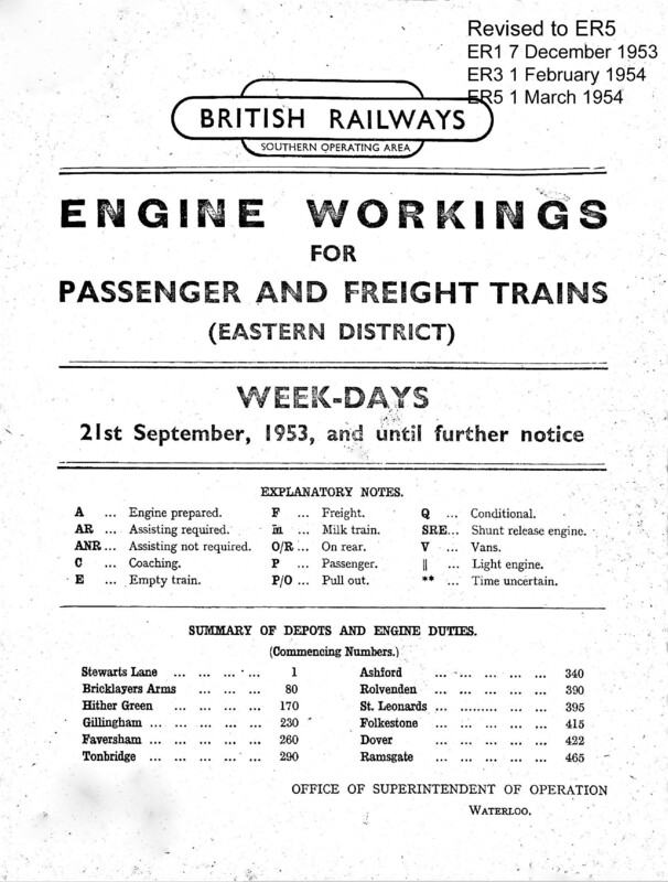 Southern Engine Workings, Eastern Division, Weekdays starting 21 September 1953. 269 pages. Notes: Revised to ER5. [EW03195309210]