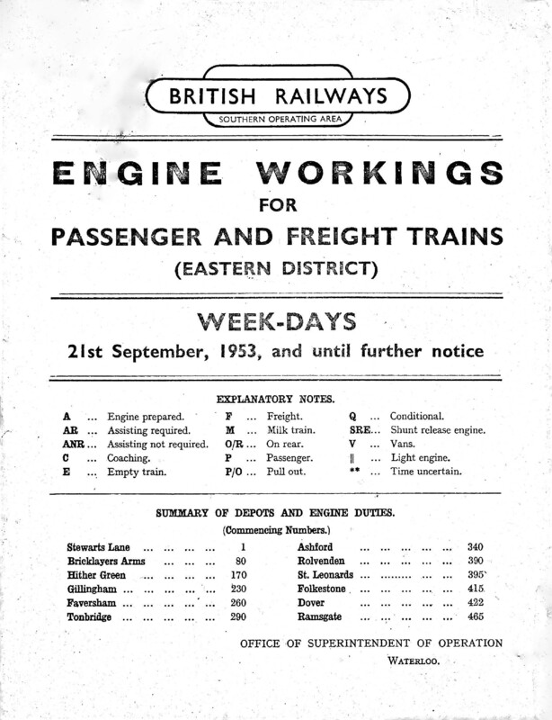 Southern Engine Workings, Eastern Division, Weekdays starting 21 September 1953. 251 pages. [EW03195309211]