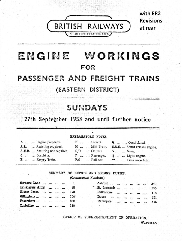 Southern Engine Workings, Eastern Division, Sundays starting 27 September 1953. 78 pages. Notes: With ER2 Revisions. [EW03195309270]