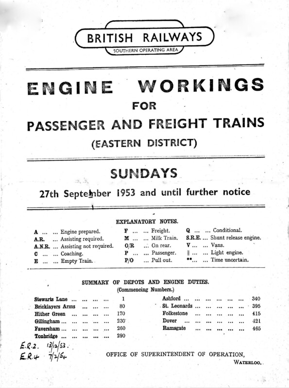 Southern Engine Workings, Eastern Division, Sundays starting 27 September 1953. 56 pages. Notes: Revised to ER4. [EW03195309271]