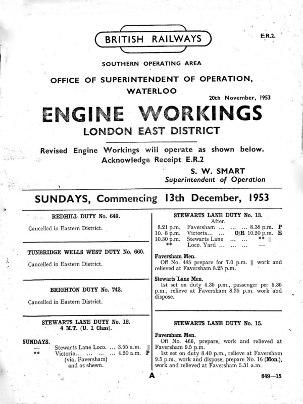 Southern Engine Workings, Eastern Division, Sundays starting 13 December 1953. 23 pages. Notes: ER2 Revisions. [EW03195312130]