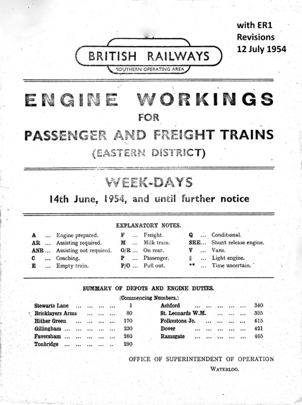 Southern Engine Workings, Eastern Division, Weekdays starting 14 June 1954. 392 pages. Notes: With ER1 Revisions. [EW03195406140]