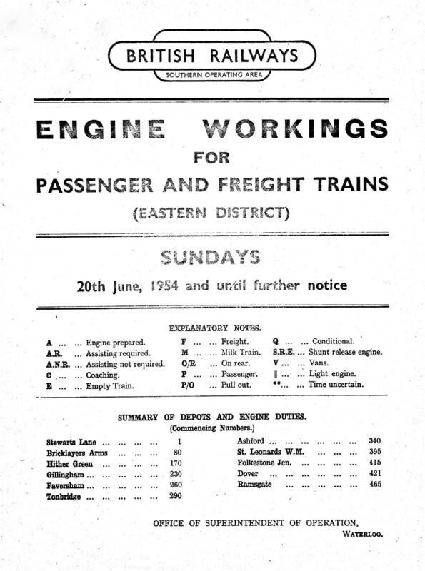 Southern Engine Workings, Eastern Division, Sundays starting 20 June 1954. 63 pages. [EW03195406200]