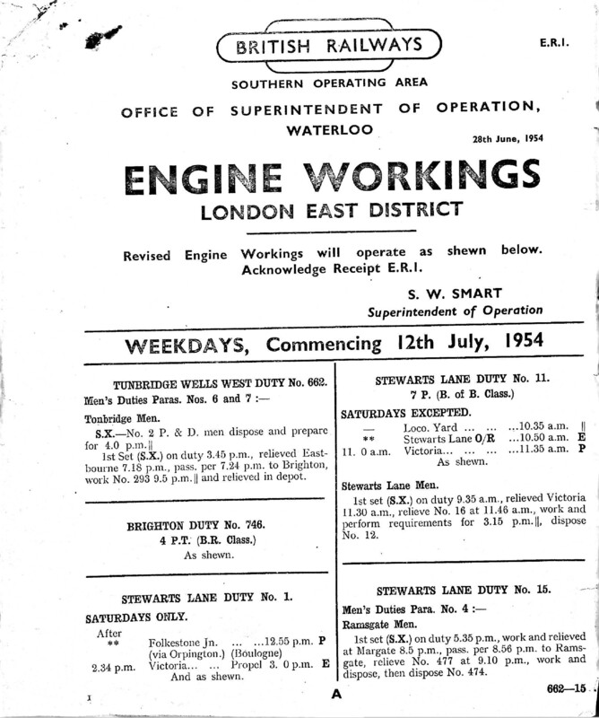 Southern Engine Workings, Eastern Division, Weekdays starting 12 July 1954. 74 pages. Notes: With ER1 Revisions. [EW03195407120]