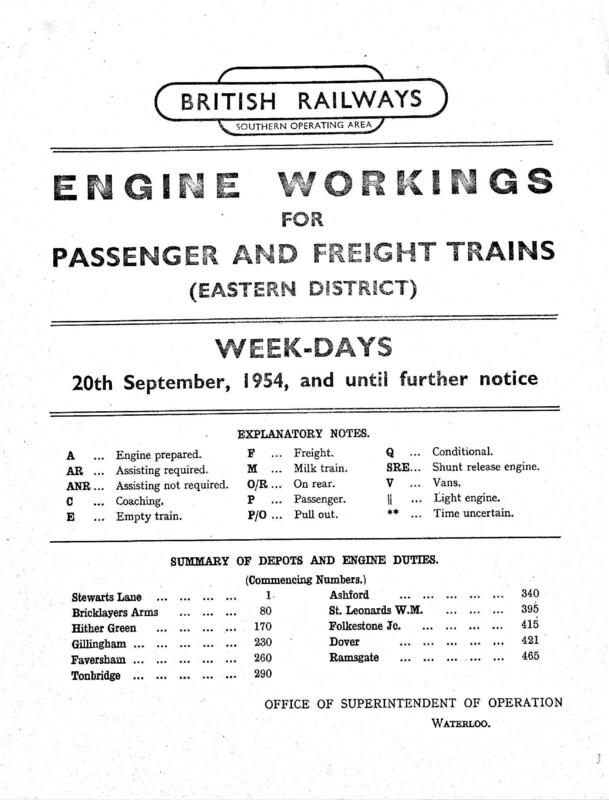 Southern Engine Workings, Eastern Division, Weekdays starting 20 September 1954. 269 pages. [EW03195409200]