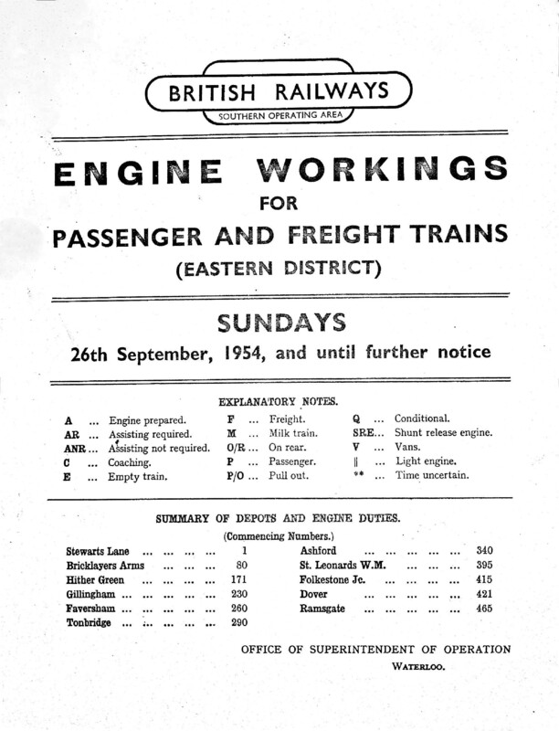 Southern Engine Workings, Eastern Division, Sundays starting 26 September 1954. 60 pages. [EW03195409261]