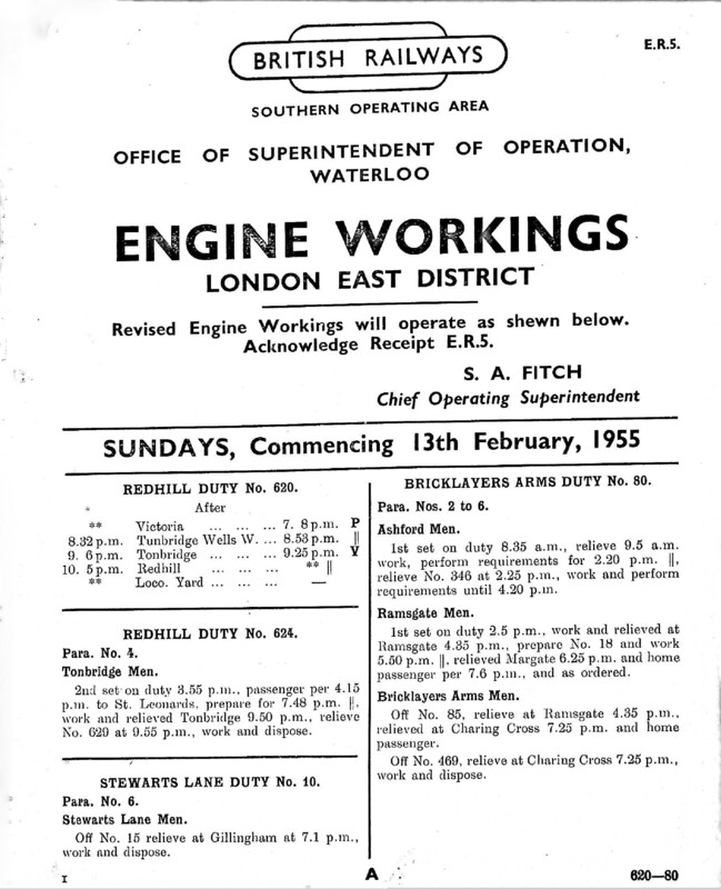 Southern Engine Workings, Eastern Division, Sundays starting 13 February 1955. 26 pages. Notes: ER5 Revisions. [EW03195502130]
