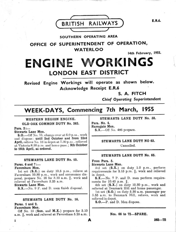 Southern Engine Workings, Eastern Division, Weekdays starting 07 March 1955. 145 pages. Notes: ER6 Revisions. [EW03195503070]