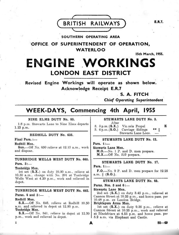 Southern Engine Workings, Eastern Division, Weekdays starting 04 April 1955. 60 pages. Notes: ER7 Revisions. [EW03195504040]