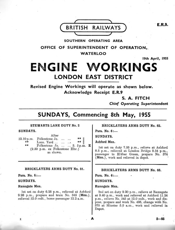 Southern Engine Workings, Eastern Division, Sundays starting 08 May 1955. 20 pages. Notes: ER9 Revisions. [EW03195505080]