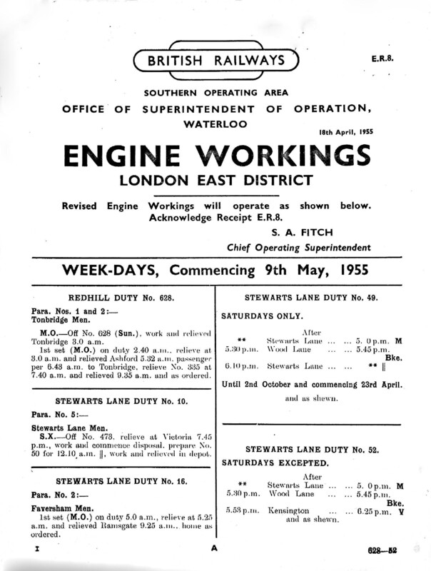 Southern Engine Workings, Eastern Division, Weekdays starting 09 May 1955. 95 pages. Notes: ER8 Revisions. [EW03195505090]