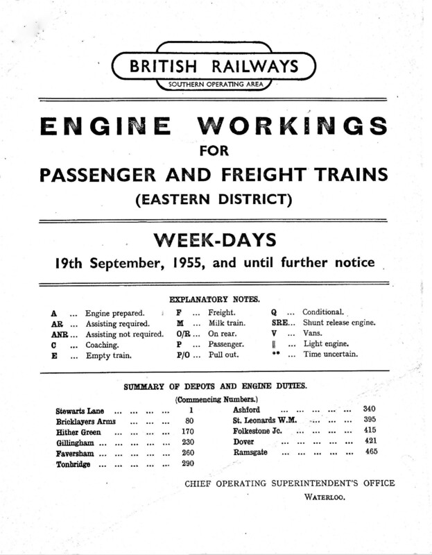 Southern Engine Workings, Eastern Division, Weekdays starting 19 September 1955. 288 pages. [EW03195509190]