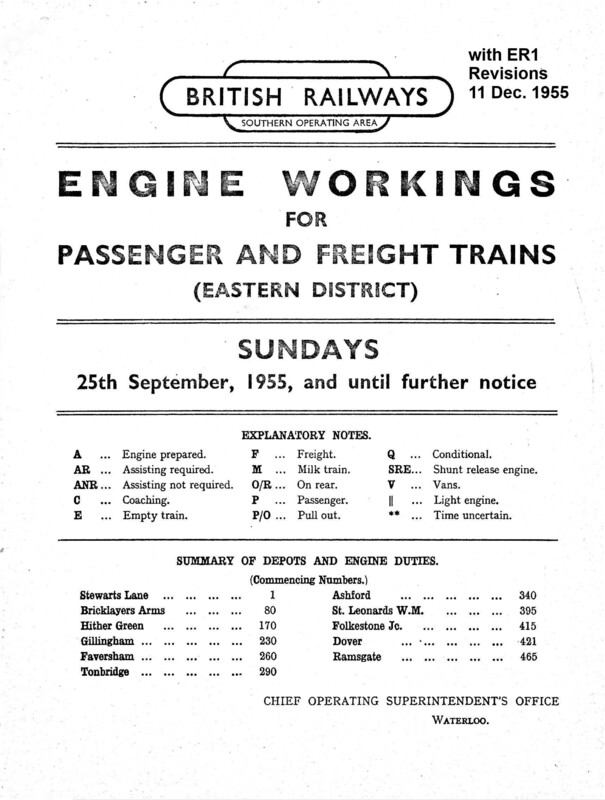 Southern Engine Workings, Eastern Division, Sundays starting 25 September 1955. 98 pages. Notes: With ER1 Revisions. [EW03195509250]