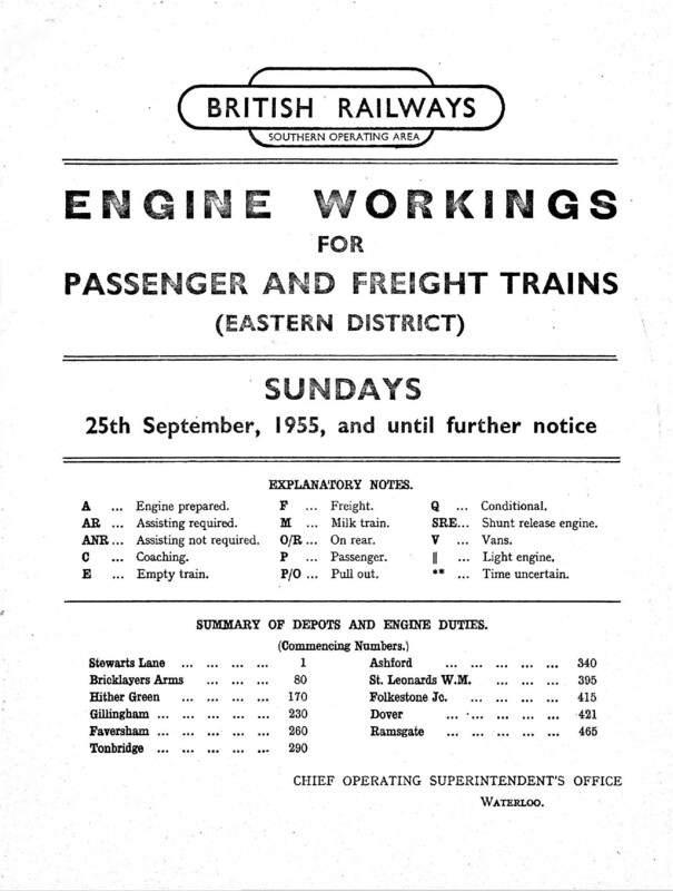Southern Engine Workings, Eastern Division, Sundays starting 25 September 1955. 63 pages. [EW03195509251]