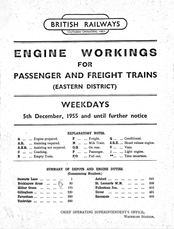 Southern Engine Workings, Eastern Division, Weekdays starting 05 December 1955. 291 pages. [EW03195512050]