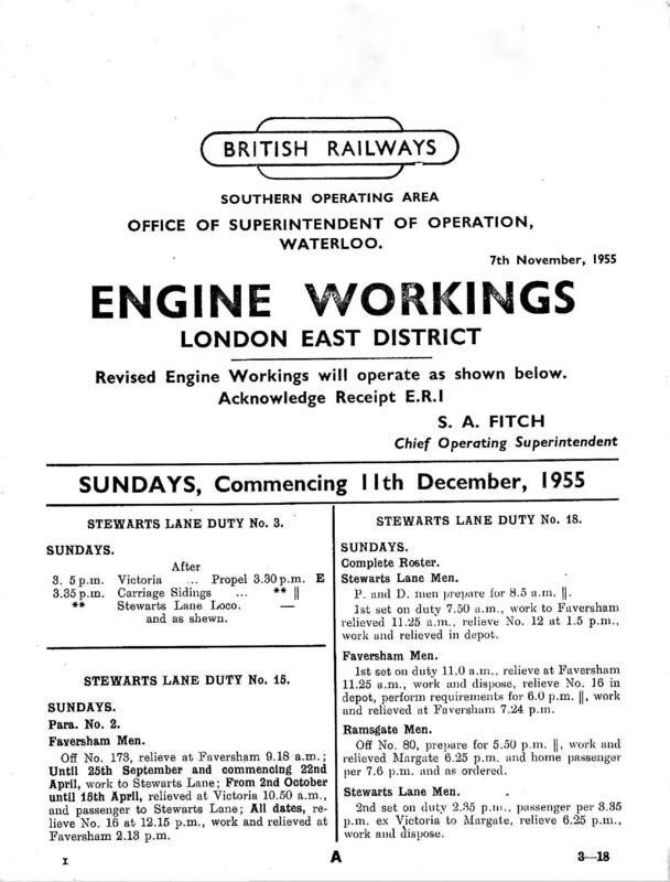 Southern Engine Workings, Eastern Division, Sundays starting 11 December 1955. 35 pages. Notes: ER1 Revisions. [EW03195512110]
