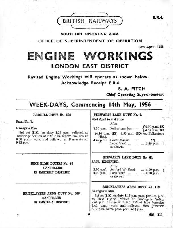 Southern Engine Workings, Eastern Division, Weekdays starting 14 May 1956. 174 pages. Notes: ER4 Revisions. [EW03195605140]